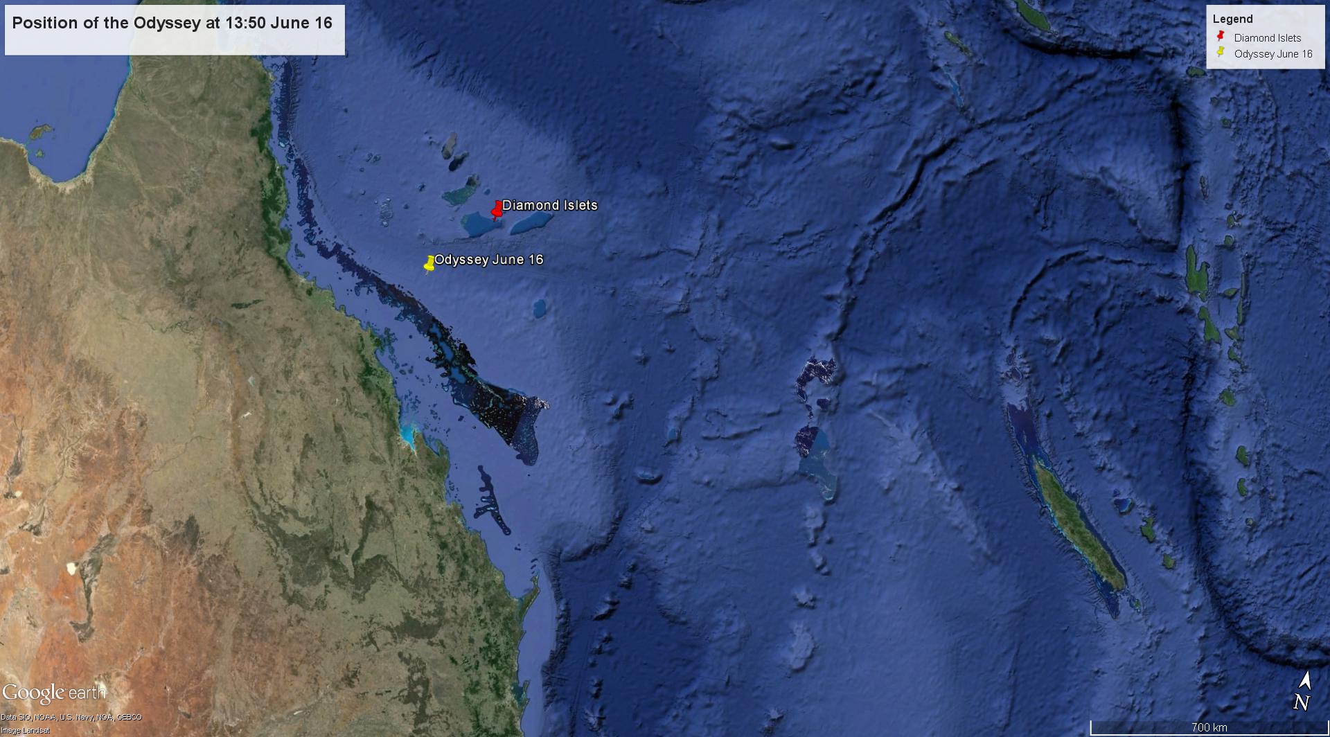 The position of the Odyssey on Thursday June 16 - Google Earth view. Note New Caledonia at far left.