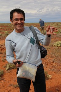 Javid unexpextedly finds isopods (slaters) in the gibber at Standard Survey Site 2.
