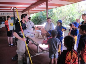 Dr Michael Hammer, NT Museum and Art Gallery, shows electro-fishing equipment