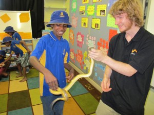 Stephen Mahoney, Australian Museum, shows off his snake wrangling techniques. 