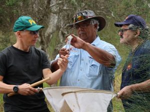Traditional Custodian Doc Reynolds (centre) in the field with true bug specialists Nik Tatarnic (left WA Museum) and Gerry Cassis (right, Uni. of NSW) on Wudjari Country 2023